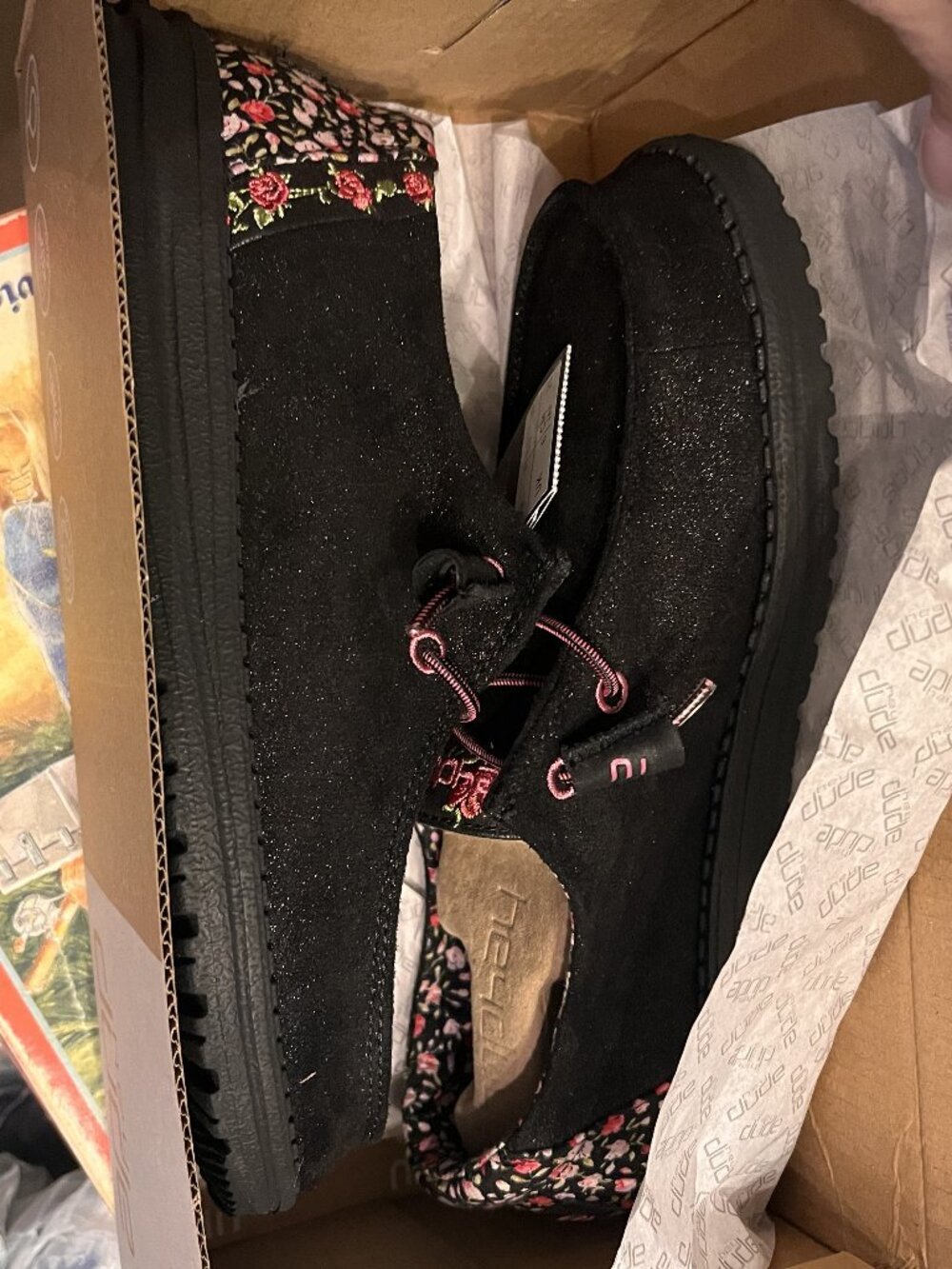 Hey Dude Wendy Canvas Jodi Inked Black Pink Rose Slip On Loafers 8 NIB